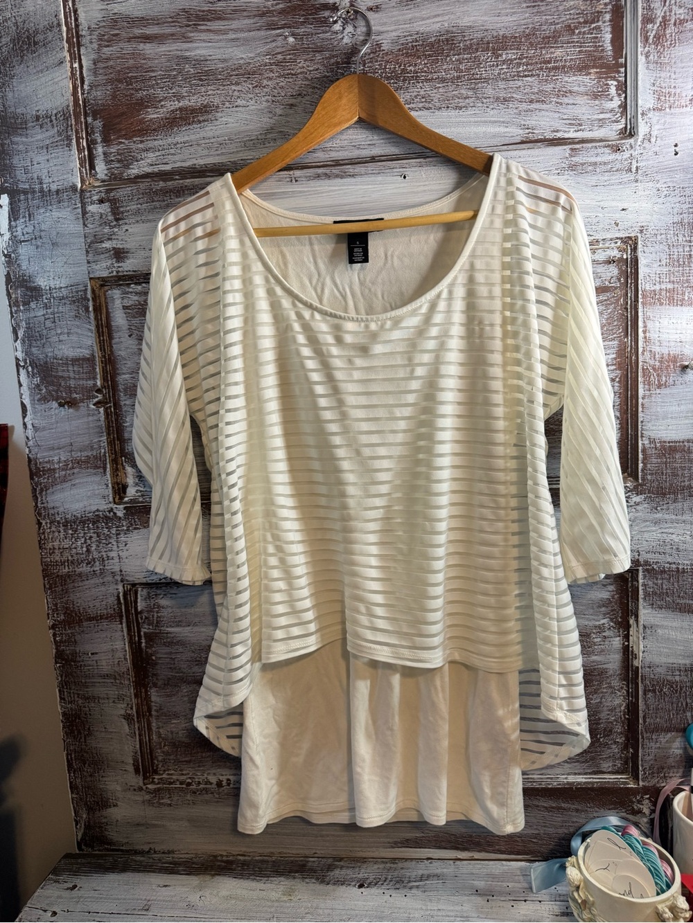 White House Black Market Cream Layered Striped Tunic